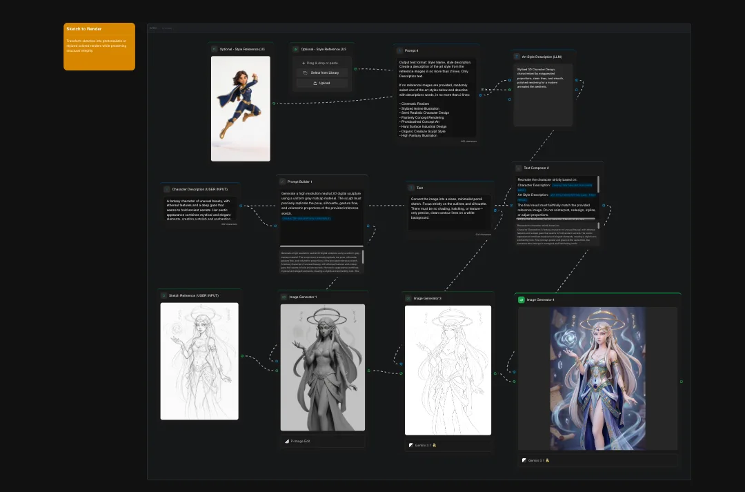 AI character design workflow showing sketches, iterations, and final digital illustration of a fantasy character with magical effects