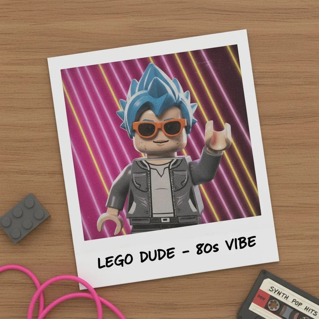 LEGO minifigure dude with blue spiky hair, orange sunglasses, and leather jacket on 80s neon purple striped background