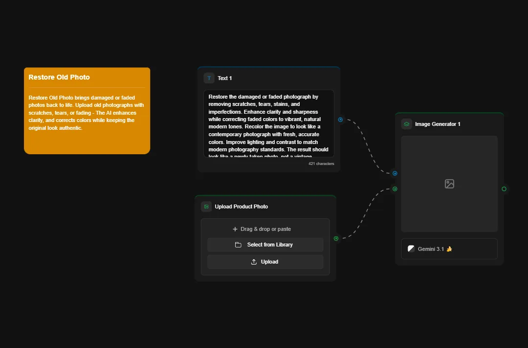 AI photo restoration tool interface showing old photograph enhancement options with upload panel and image generator preview