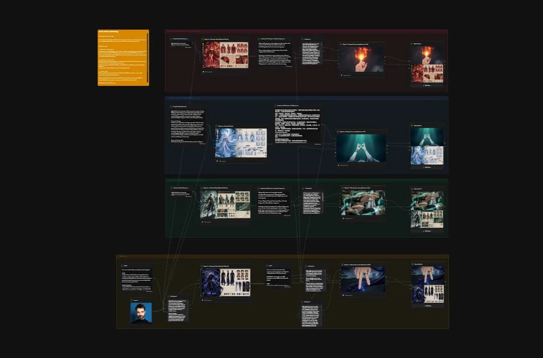 Digital exhibition timeline layout with four colored sections showing cinematic scenes, architectural images, and documentary photography on dark background