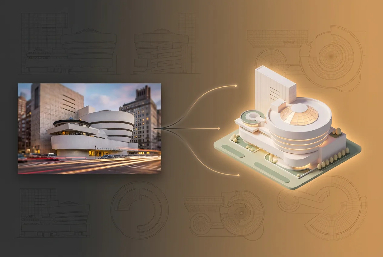 3D isometric rendering of Guggenheim Museum architecture connected to modern building design blueprint with golden lighting