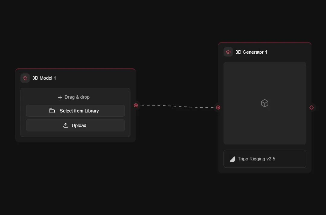 3D modeling software interface showing 3D Model and Generator panels with drag-and-drop upload options and Tripo Rigging tool
