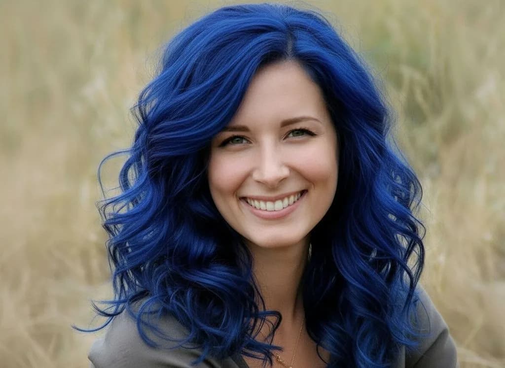 Smiling woman with vibrant blue wavy hair and natural makeup wearing gray top against neutral background