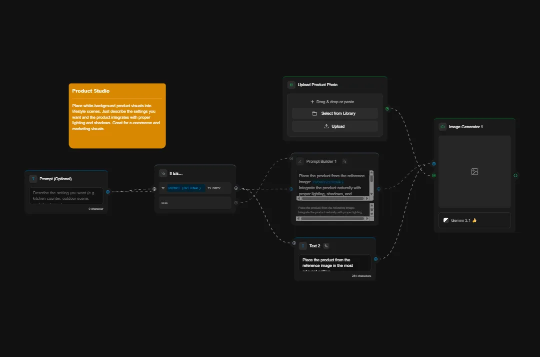 Product studio AI design interface showing upload dialog, prompt builder, and image generation workflow with dark theme