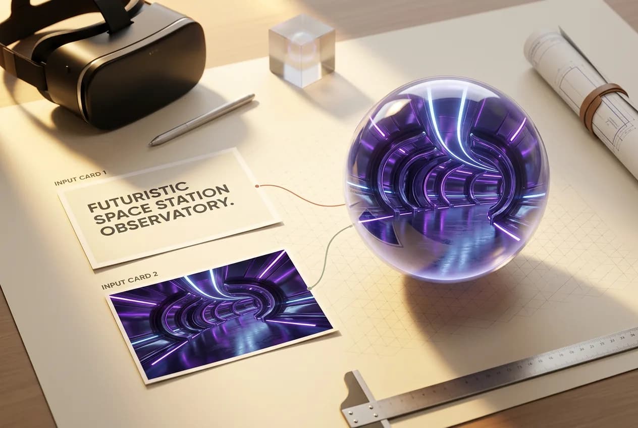 3D rendered futuristic space station observatory with purple neon lighting in crystal sphere on designer workspace with VR headset and input cards