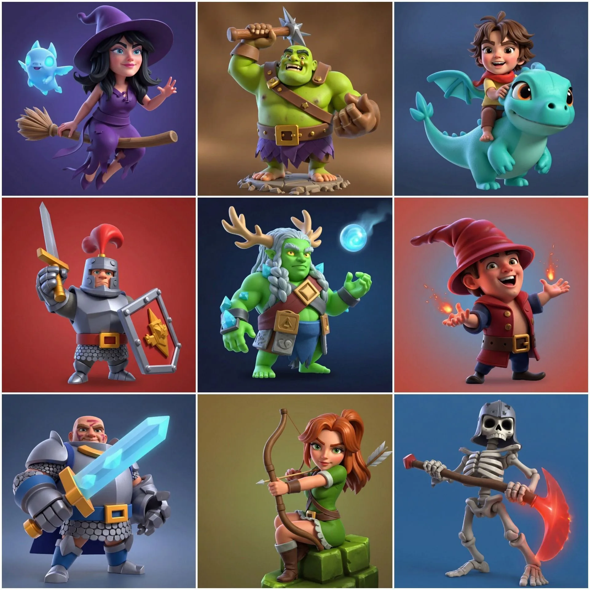 Collection of 9 colorful 3D animated fantasy game characters including witch, ogre warrior, dragon rider, knight, demon mage, wizard, barbarian, archer, and skeleton warrior with magical weapons and creatures