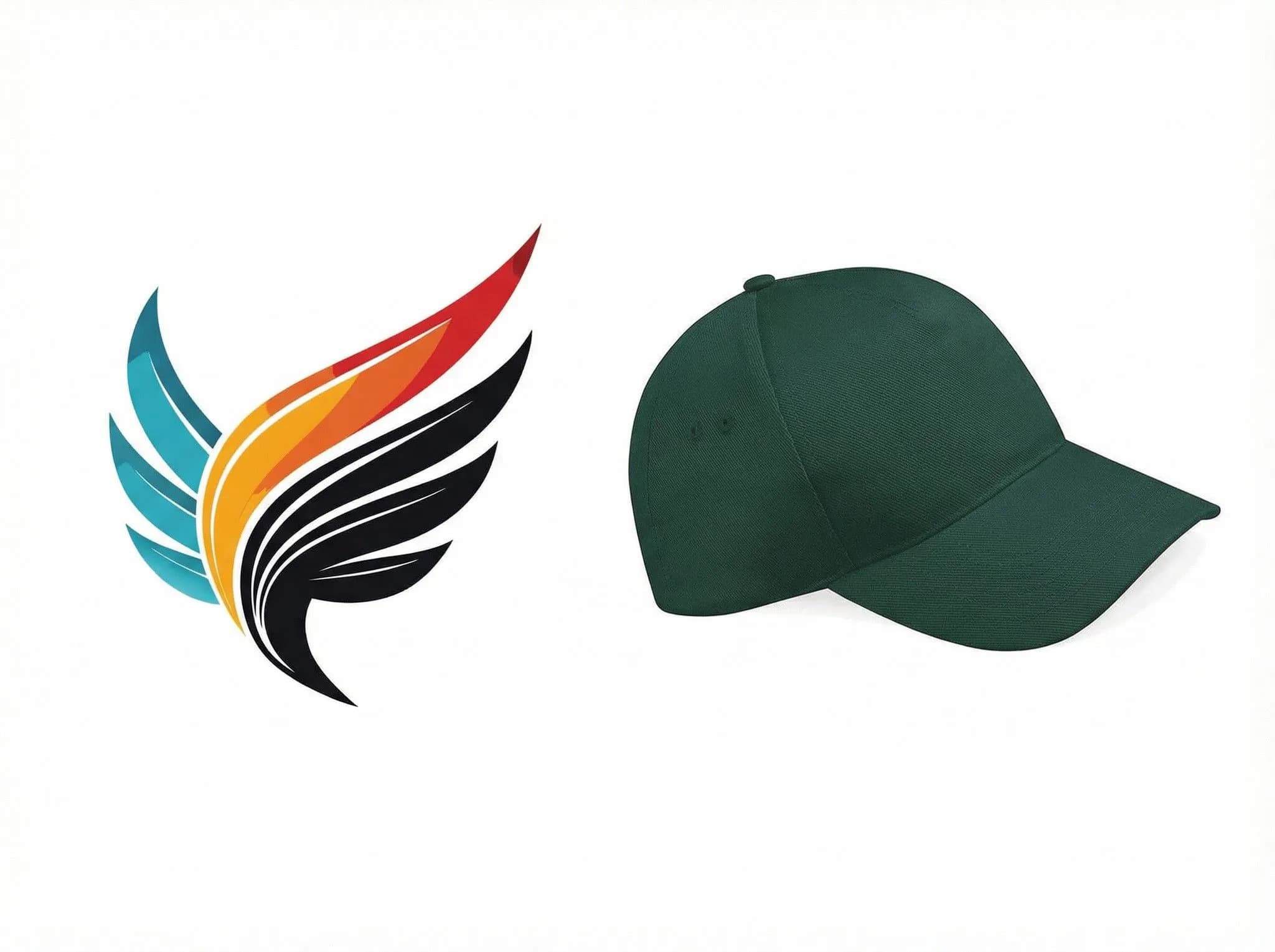 Colorful feather logo with red, orange, yellow, teal stripes and dark green baseball cap isolated on white background