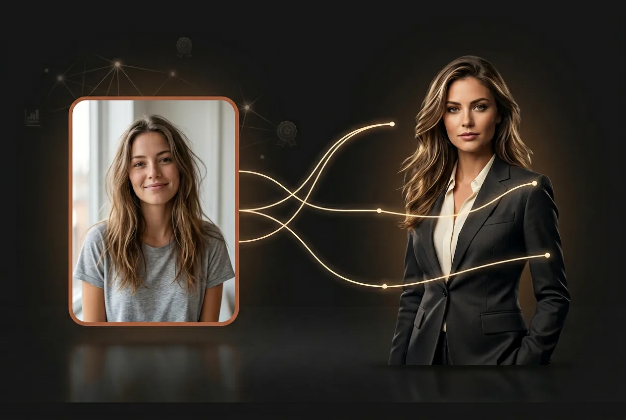 Before and after AI photo enhancement showing casual portrait transformed to professional business portrait with glowing light effect