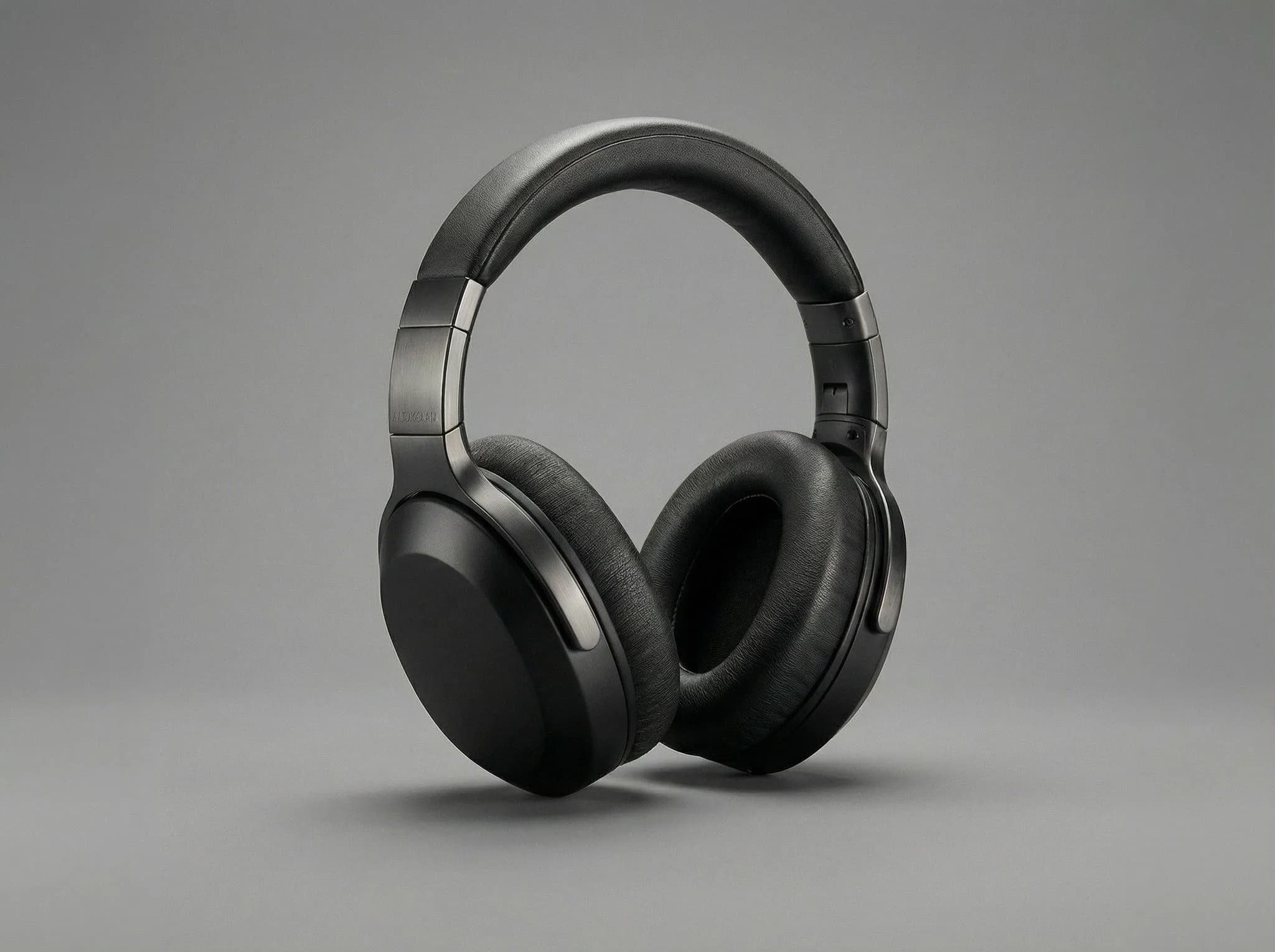 Professional black over-ear headphones with silver accents on gray background, studio product photography
