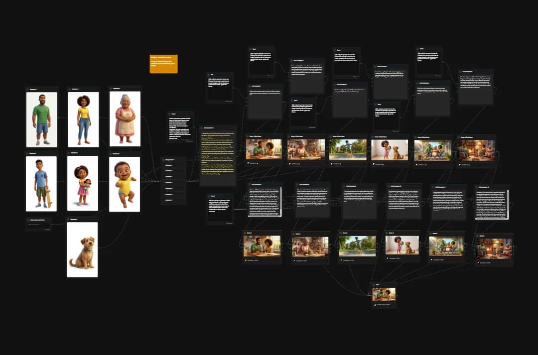 Narrative flowchart showing diverse family characters, children, and dog connected through story scenes and text nodes on dark background