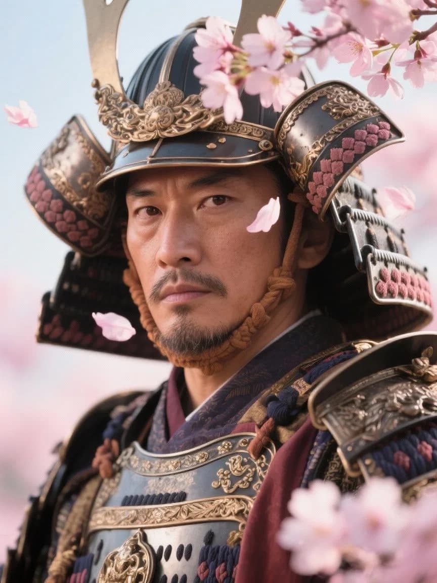 Samurai warrior in traditional ornate armor with gold decorative details and pink cherry blossoms