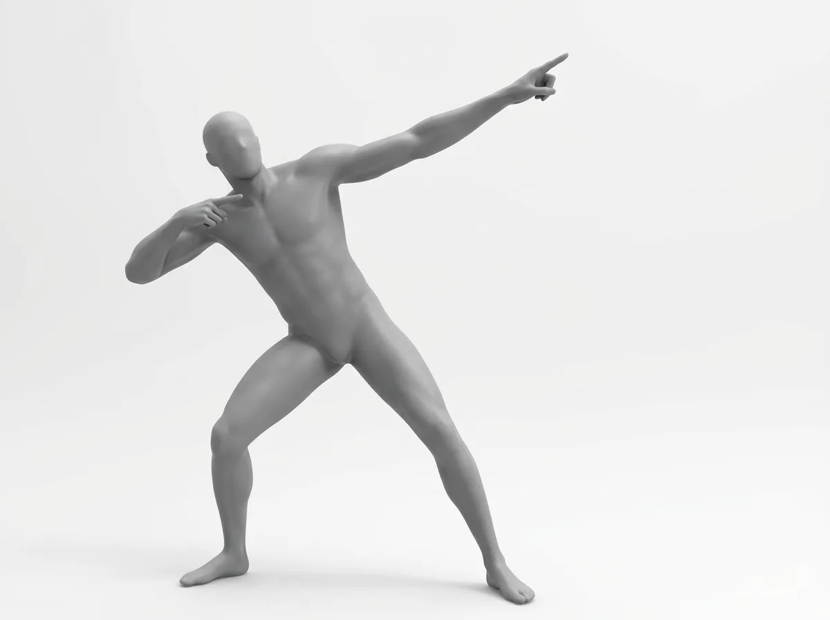 3D male mannequin figure in dynamic pointing pose with outstretched arm on neutral background