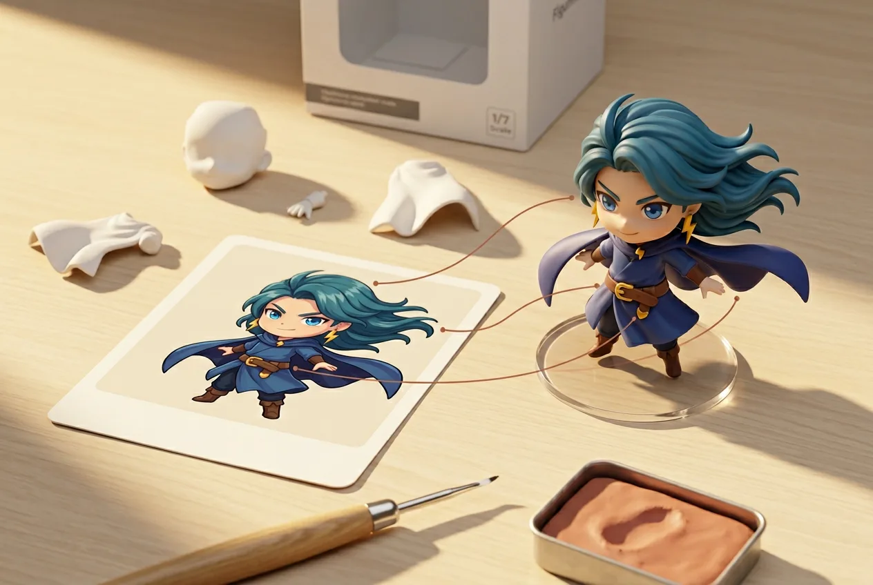 3D animated character with blue hair and navy cape next to digital illustration and sculpting tools on wooden desk