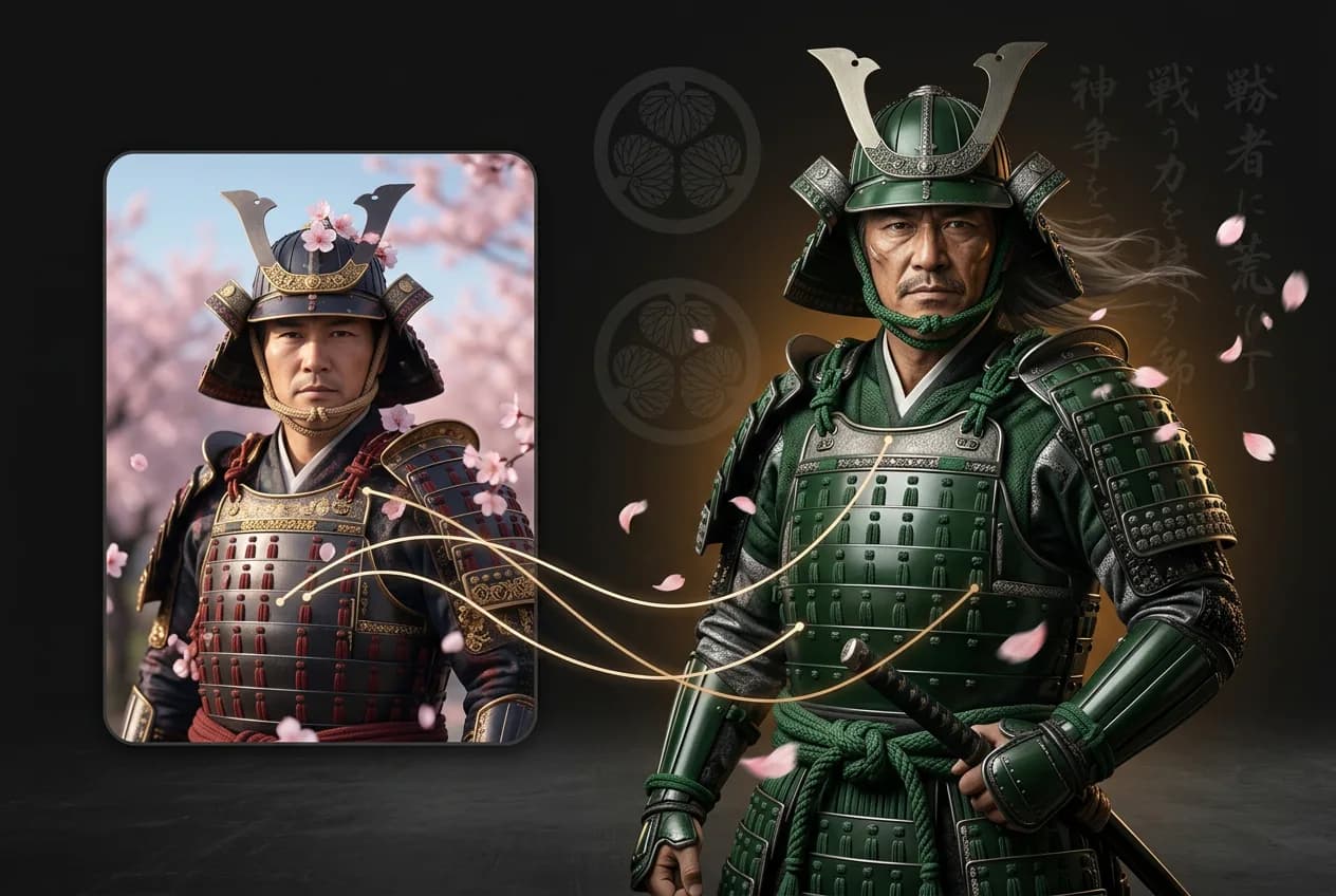 Two samurai warriors in traditional Japanese armor with horned helmets, one in red and one in green, surrounded by cherry blossom petals