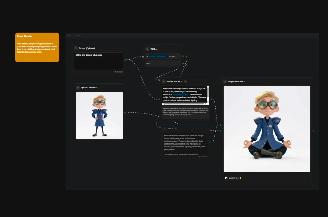 3D cartoon character avatar wearing blue coat and large sunglasses in two poses - standing and sitting meditation position