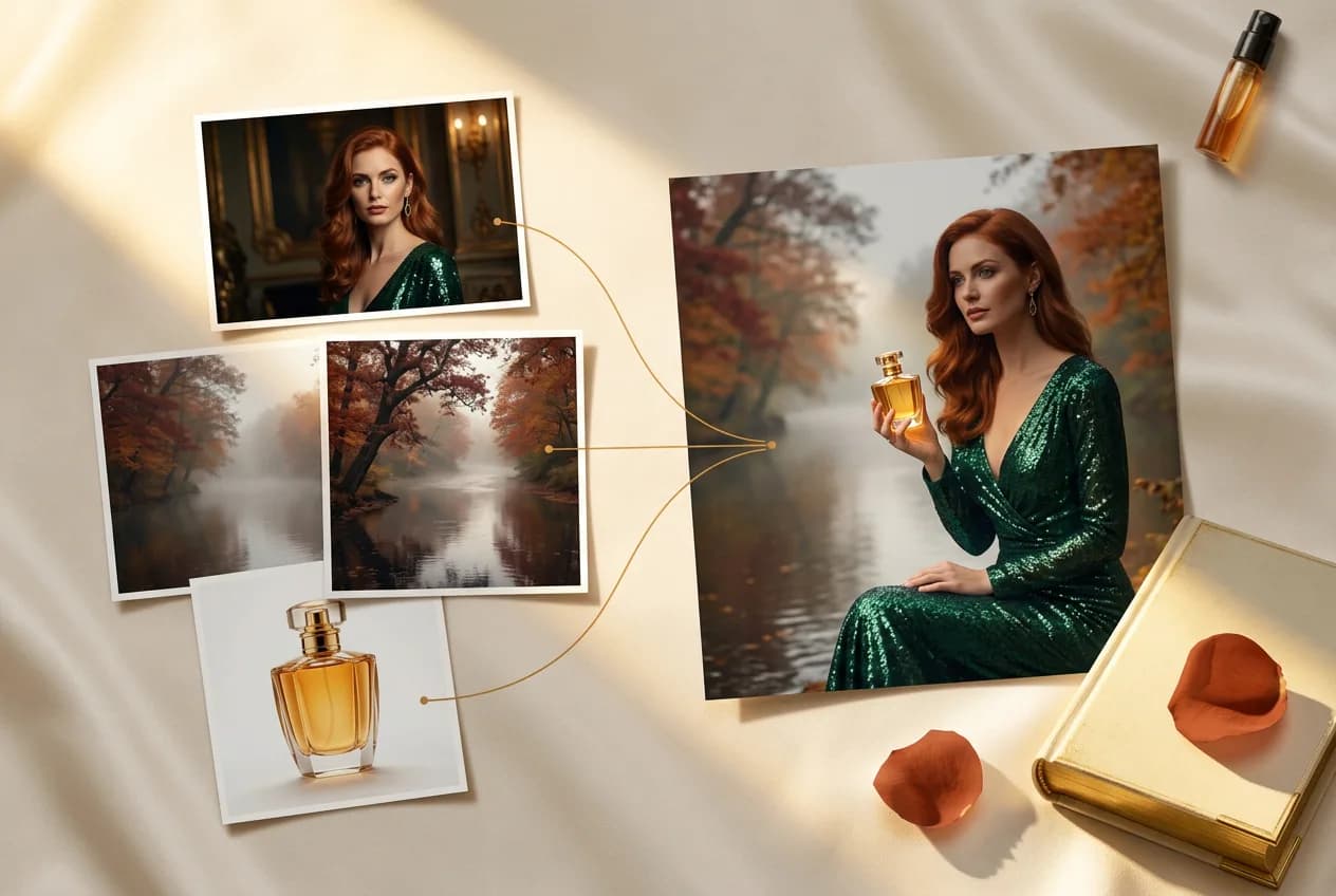 Luxury perfume mood board featuring elegant woman in emerald sequin dress holding golden fragrance bottle with autumn forest and nature photography