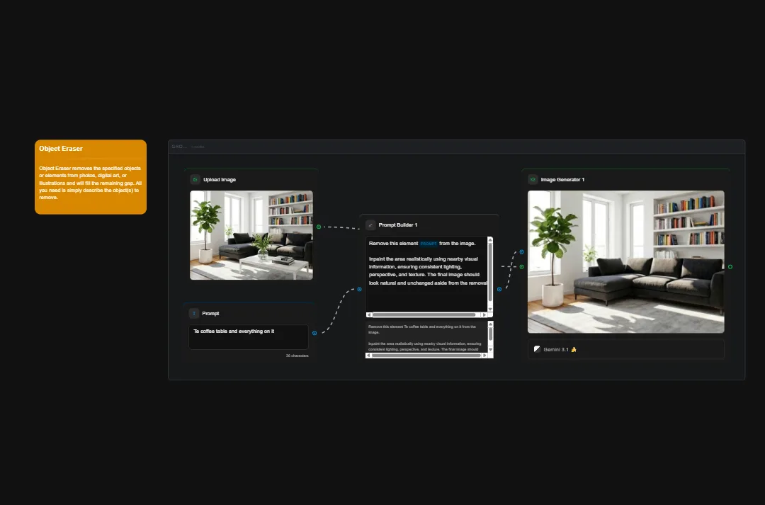 Object Eraser AI tool interface showing interior design living room image editing with prompt builder for removing objects from photos