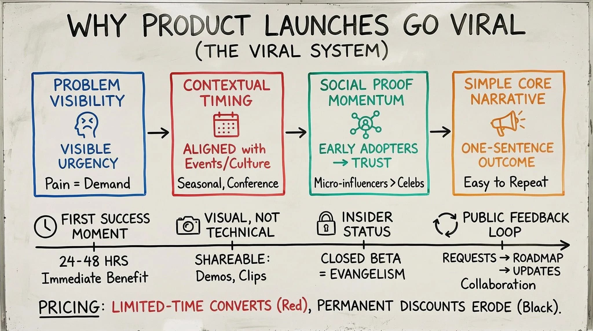 Whiteboard infographic showing the viral system for product launches, displaying problem visibility, contextual timing, social proof momentum, and simple core narrative with success metrics and pricing strategy.