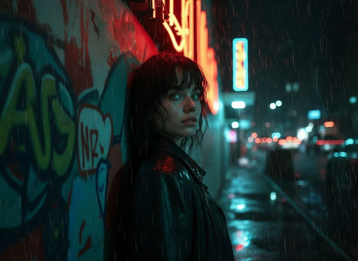 Young woman in black jacket standing in rainy cyberpunk city street with red and blue neon signs, graffiti wall, and futuristic urban atmosphere