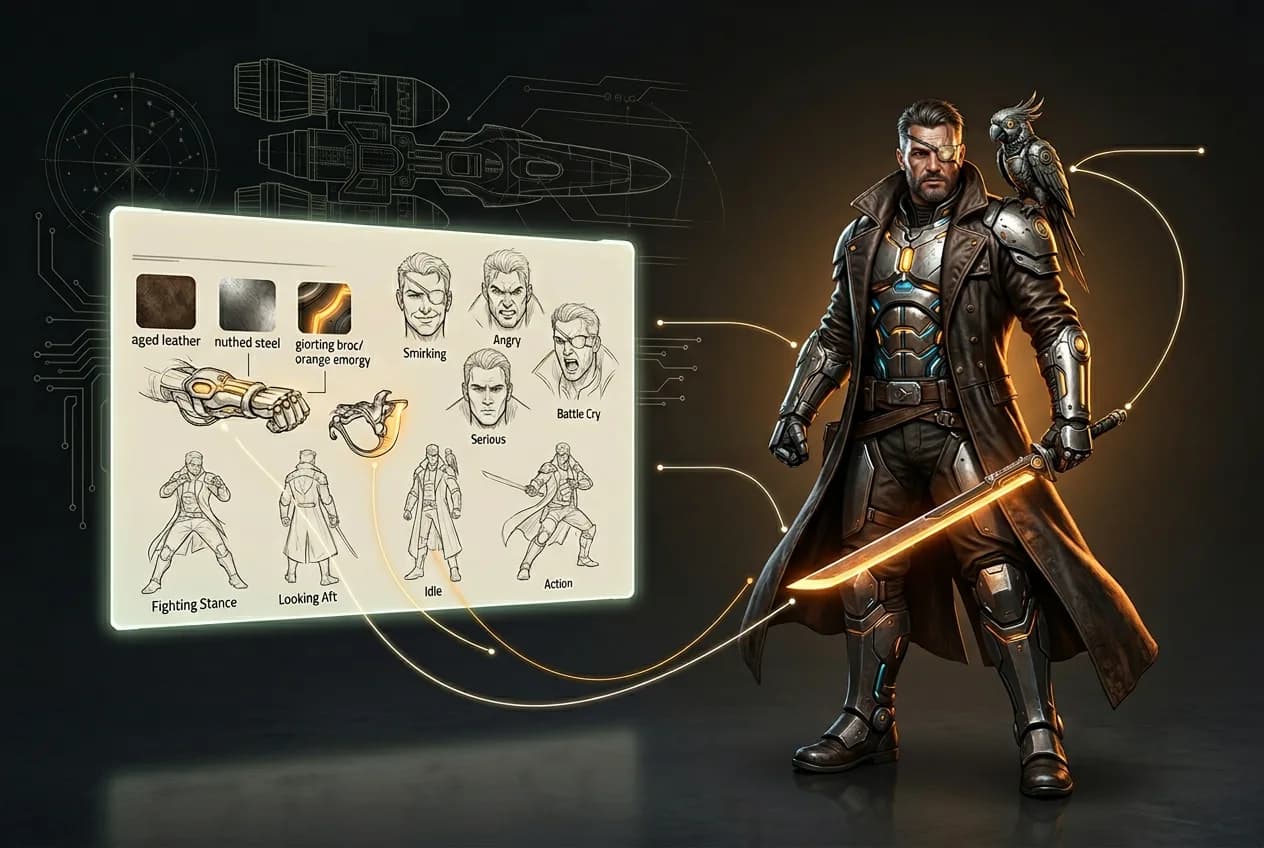 Video game character design sheet showing concept art of a steampunk warrior with facial expressions, poses, material swatches, and a fully rendered character model holding a glowing sword with a perched eagle