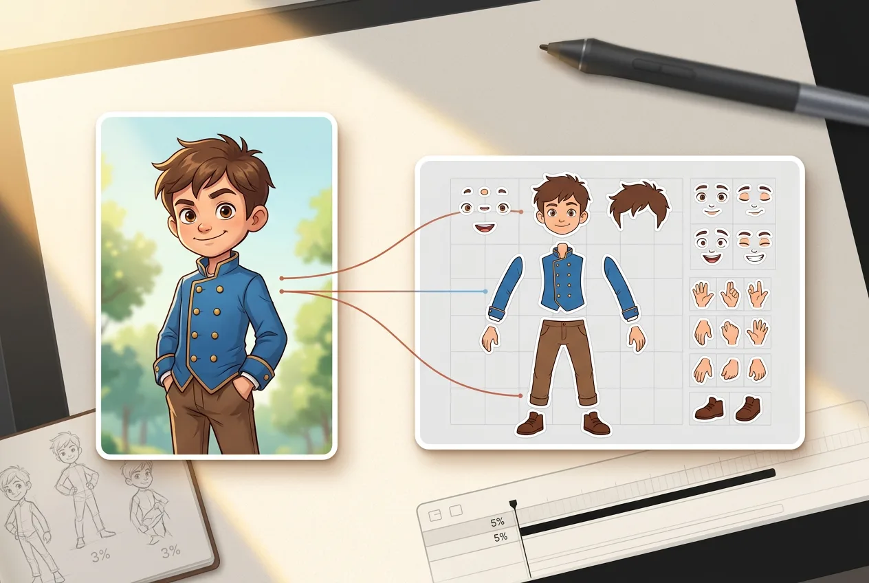 Cartoon boy character design sheet showing full character illustration, facial expressions, hand gestures, hairstyles, and clothing components for animation