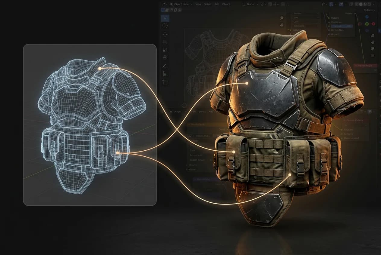 3D armor design process showing blue wireframe mesh on left connected to detailed rendered tactical body armor with brown leather and black plates on right in professional 3D modeling software interface