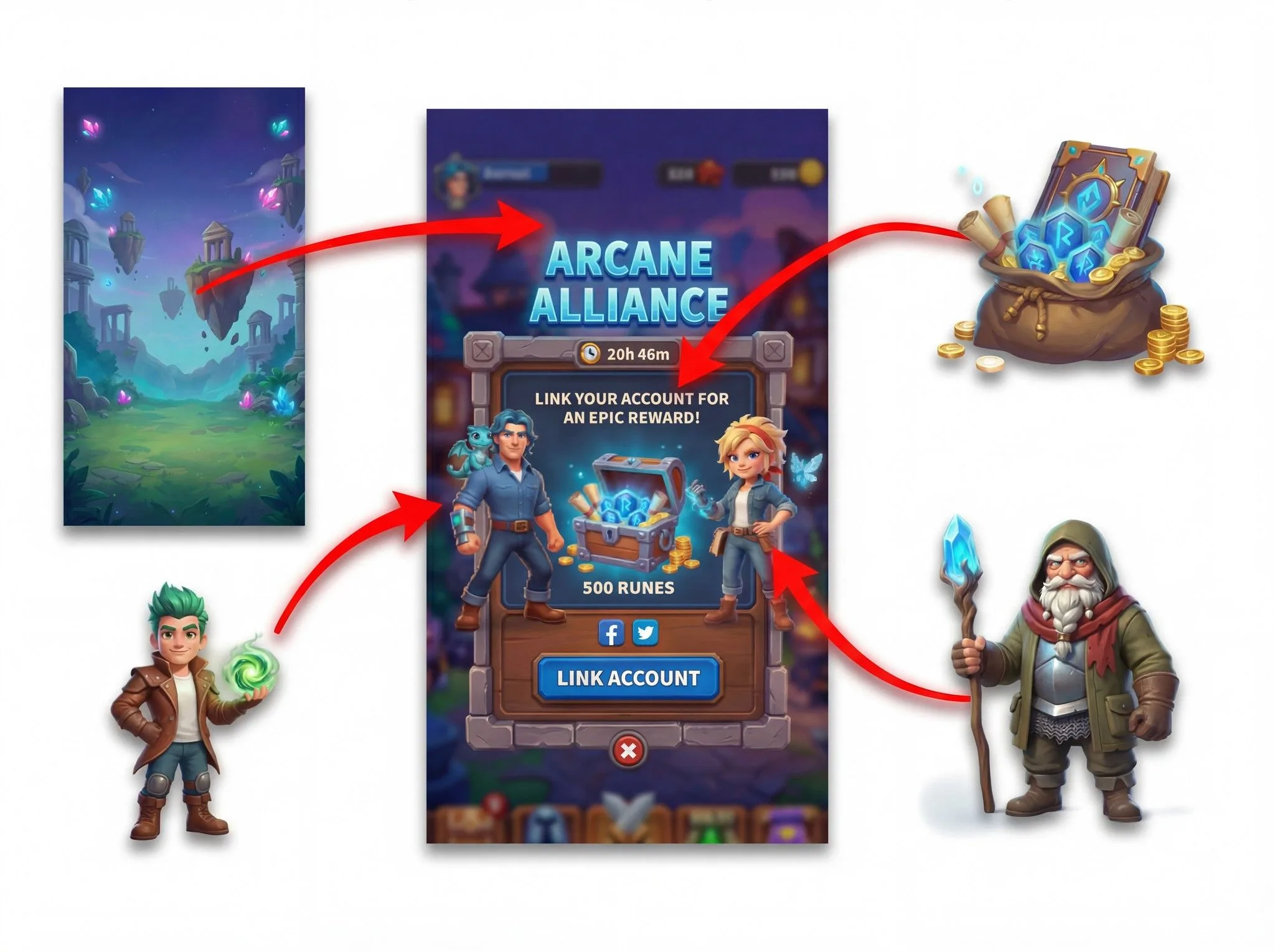 Arcane Alliance mobile game interface showing account linking promotion with 500 runes reward, fantasy characters, and magical gameplay elements