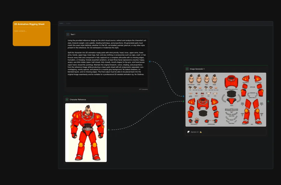 3D animation rigging sheet showing red robot character design with multiple angle views and modular armor components for digital animation production