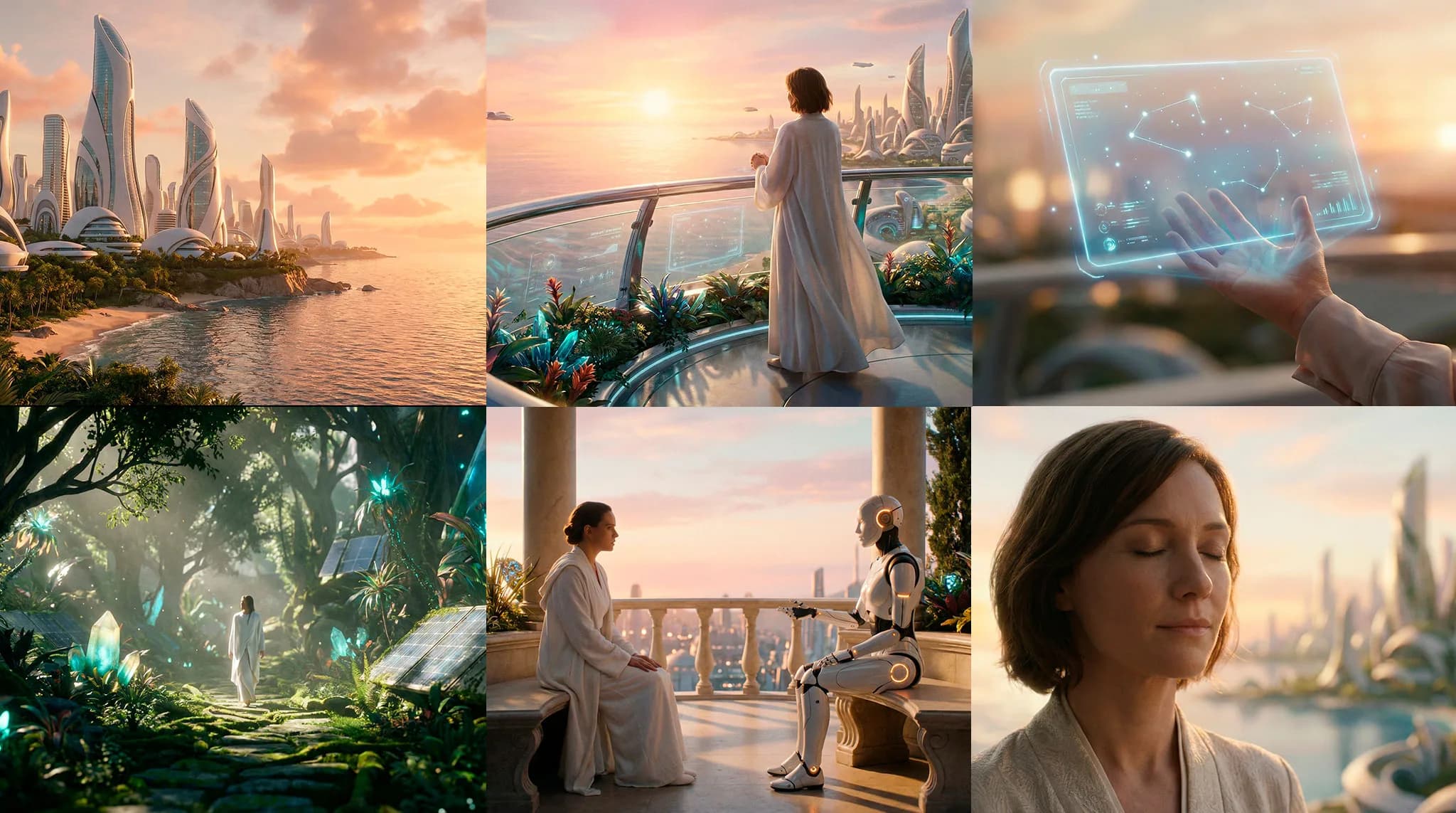 Woman in white dress overlooking futuristic cityscape with advanced architecture, holographic displays, and glowing crystals at golden sunset