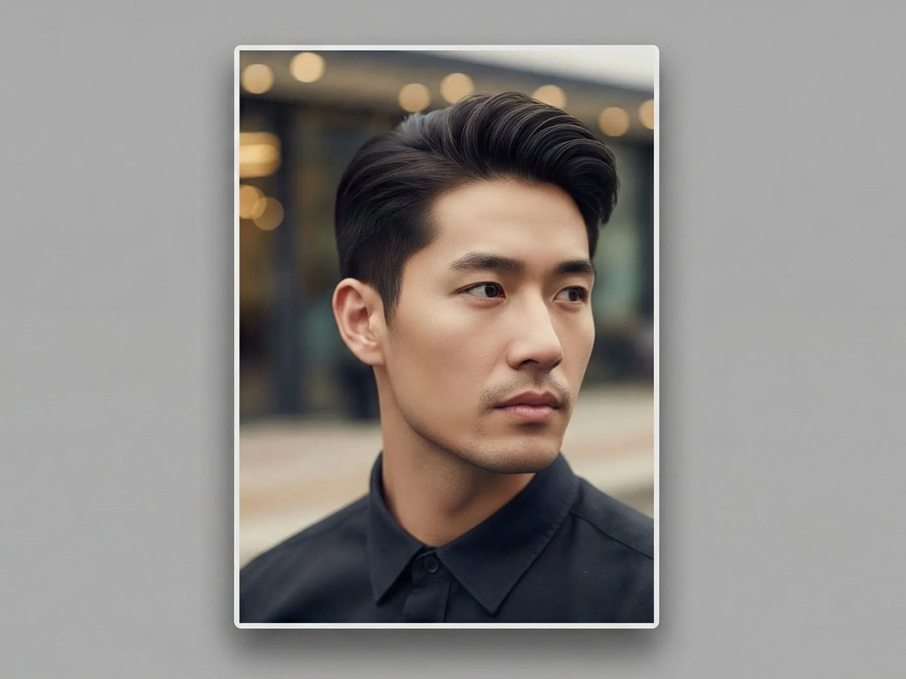 Professional portrait of Asian man with dark styled hair wearing black shirt against blurred urban background