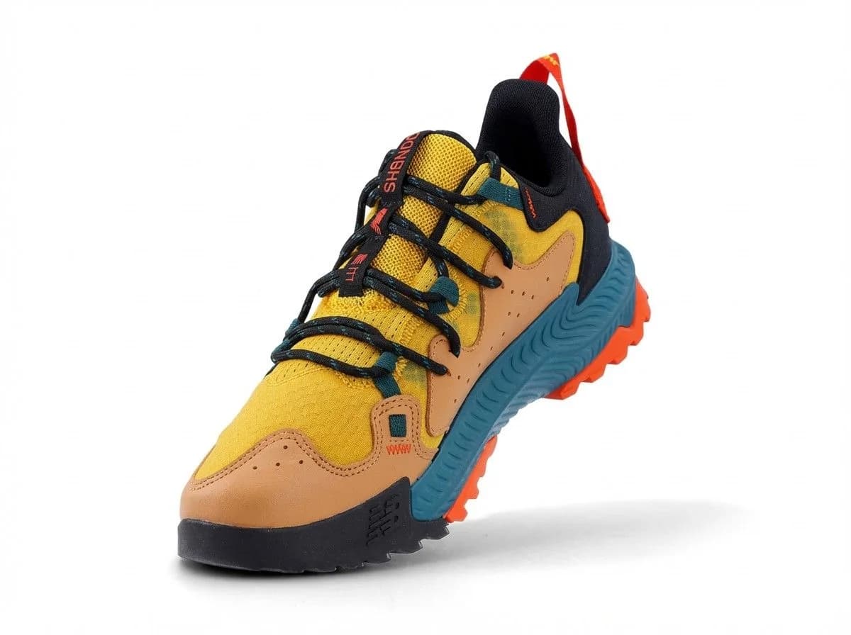 Colorful outdoor hiking shoe with yellow mesh, tan leather, teal midsole, and orange accents on white background