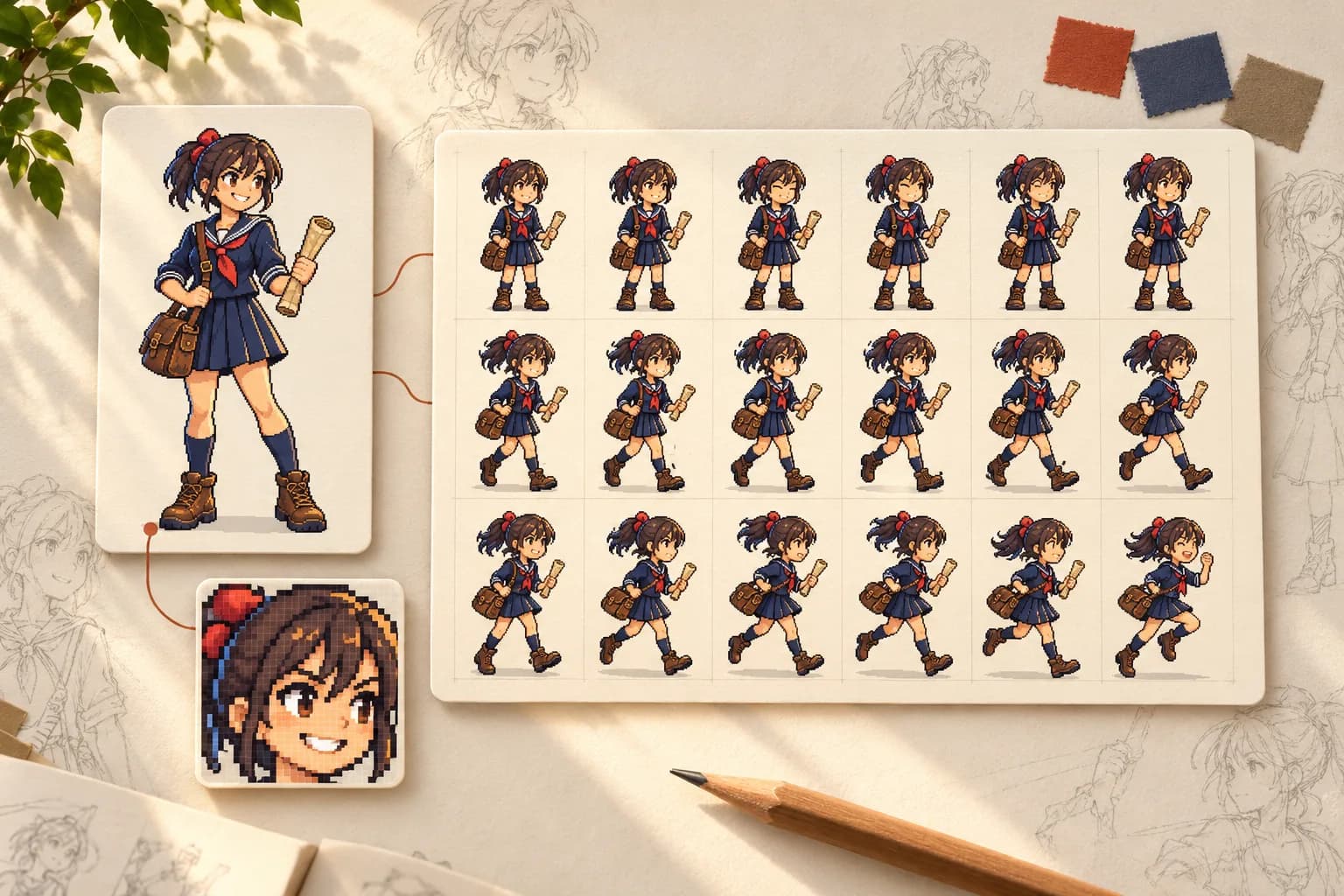Anime schoolgirl character in sailor uniform with sprite sheet animations and pixel art design for game development