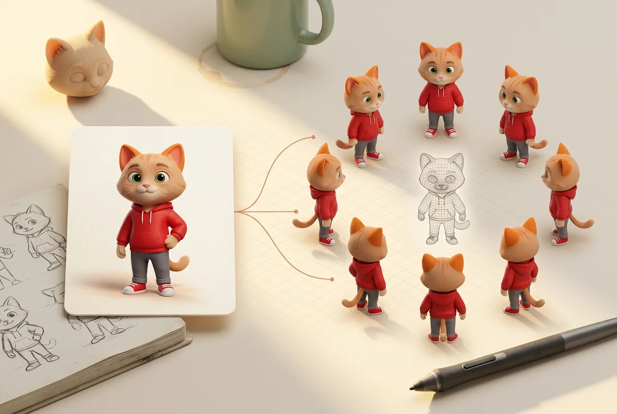 3D animated orange cat character wearing red hoodie in multiple poses and angles, with design sketches and wireframe reference