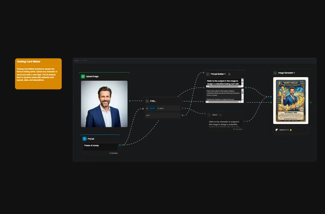 Trading Card Maker AI interface showing image upload, prompt editing, and generated tarot card output with customization options
