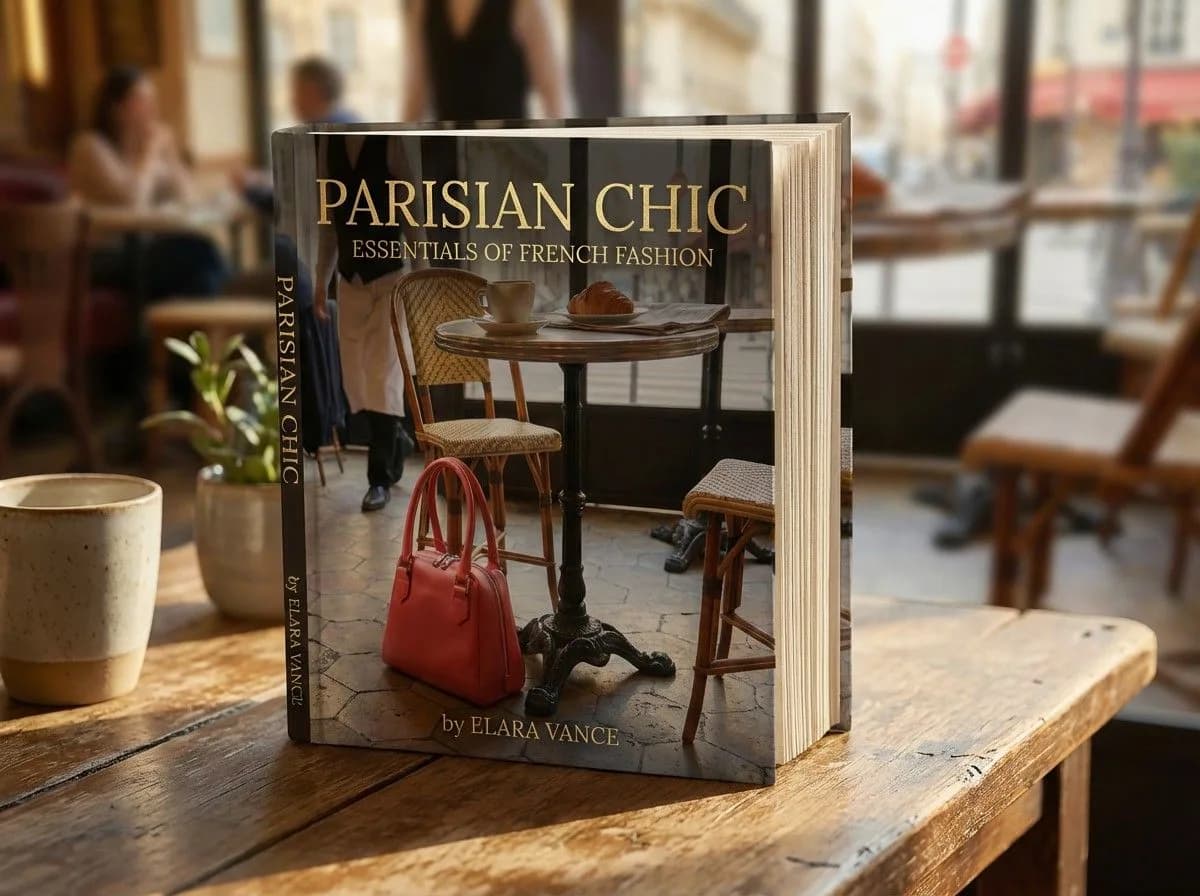 Parisian Chic fashion book by Elara Vance displayed on wooden table in French café with red handbag and coffee cup