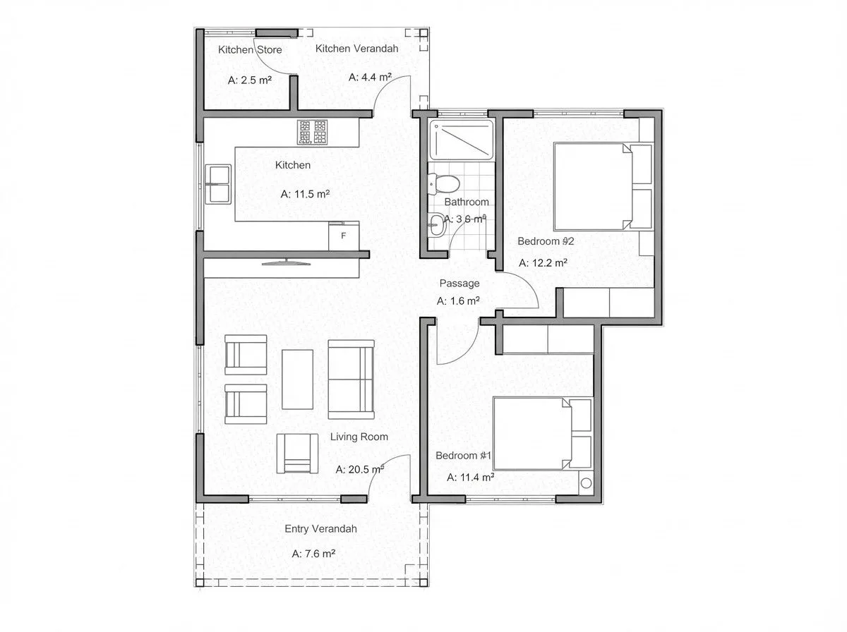 Two-bedroom apartment floor plan showing living room, kitchen, bathrooms, and verandahs with room dimensions in square meters