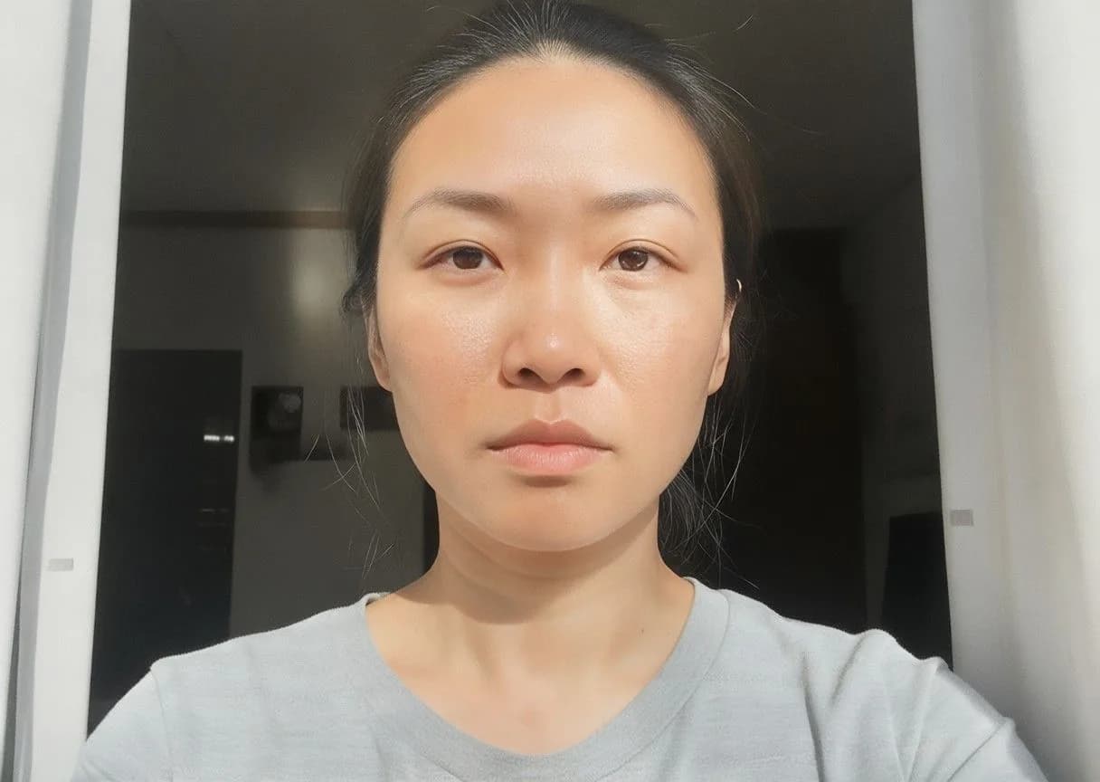 Asian woman with dark hair wearing light gray t-shirt taking indoor portrait selfie in modern home setting
