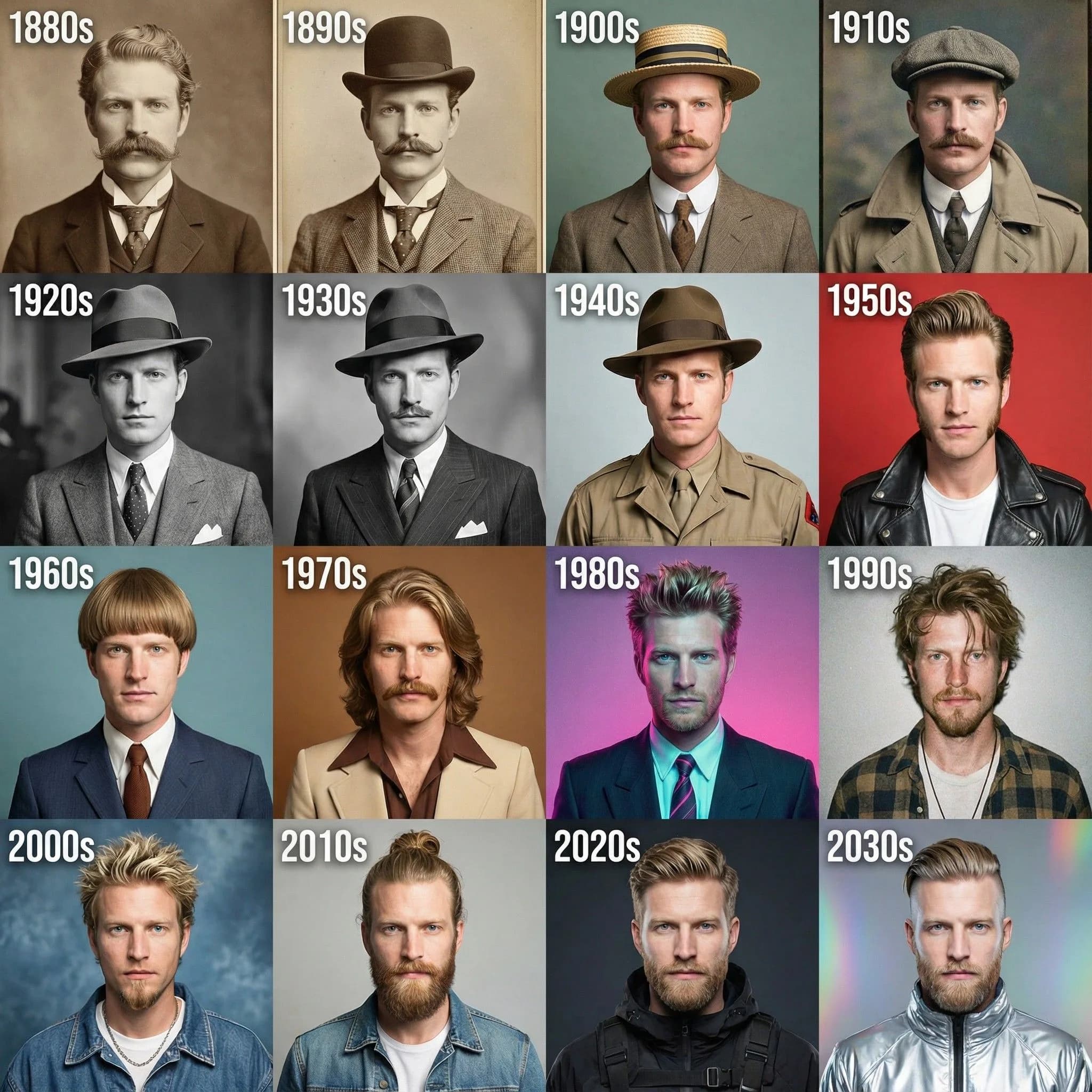 Evolution of men's fashion and hairstyles across 16 decades from 1880s to 2030s showing changing trends in suits, hats, and grooming styles