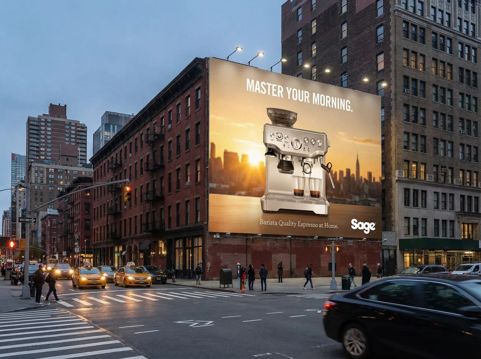 Sage espresso machine billboard advertisement on NYC street corner at dusk with Manhattan skyline and yellow taxis