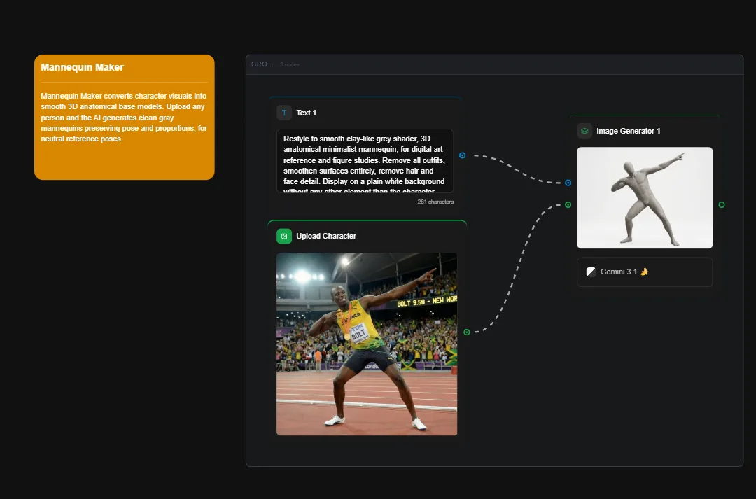 Mannequin Maker AI tool interface showing 3D anatomical character model conversion from photo reference, with athlete pose example and grey shader preview