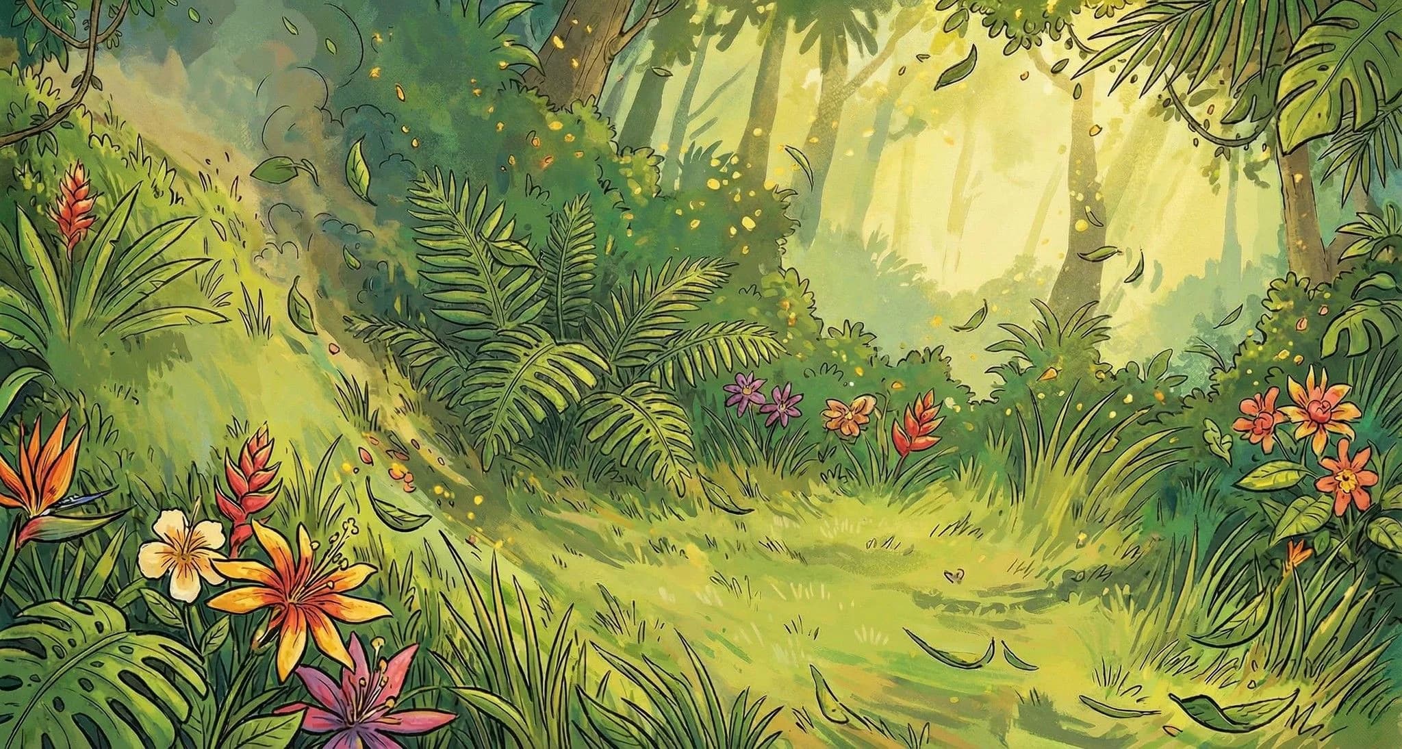 Lush tropical jungle forest with vibrant flowers, ferns, and dappled sunlight filtering through canopy trees