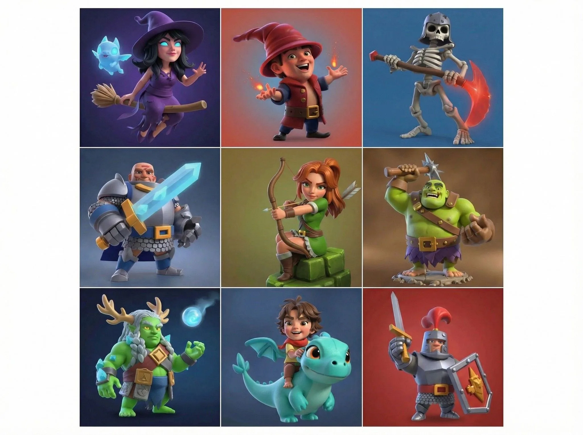 3D animated fantasy game characters grid showing wizard, warrior, archer, knight, orc, dragon rider, and skeletal creatures in colorful cartoon style