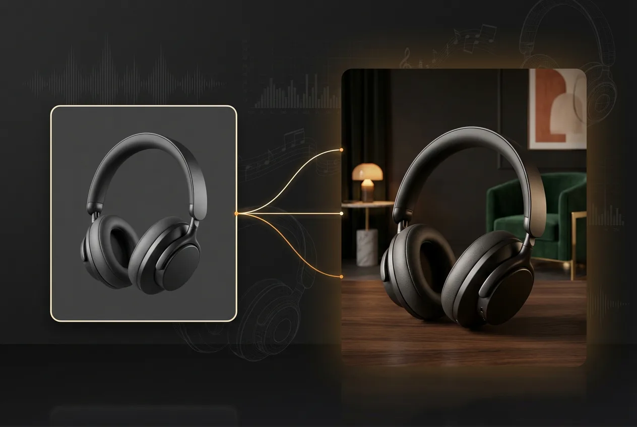 Premium black wireless headphones displayed in minimalist studio setting and modern interior room with warm lighting and contemporary decor