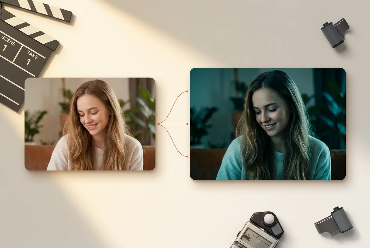 Before and after video color grading comparison showing woman's portrait with warm neutral tones versus cool teal color grade, film production flatlay