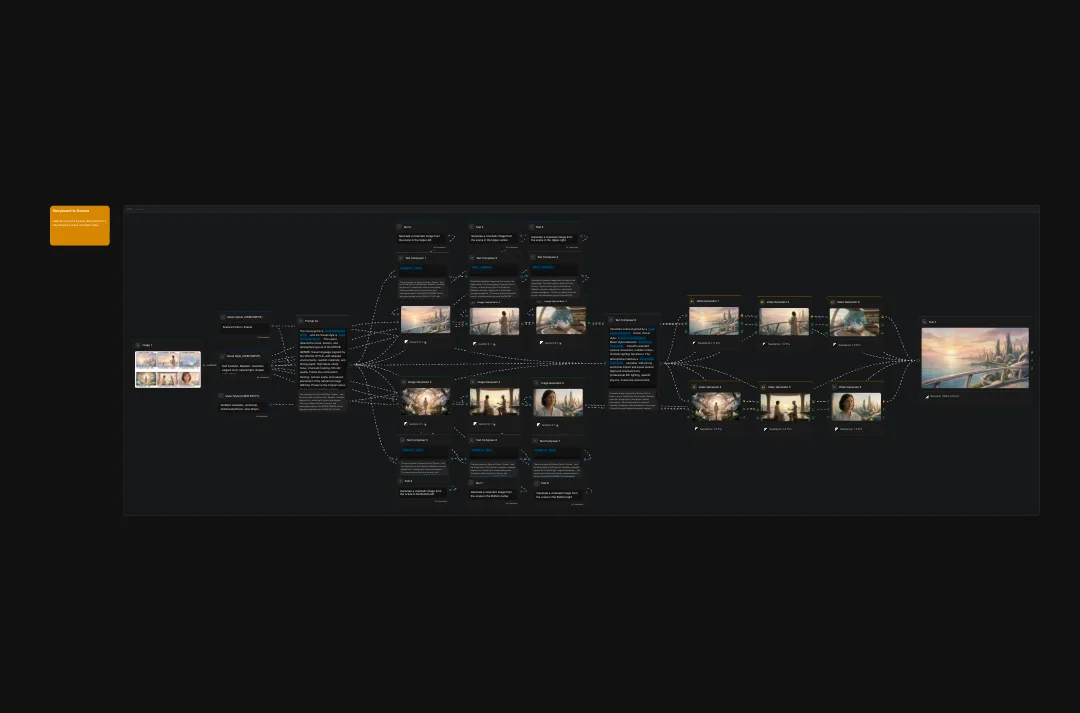 Video production workflow diagram showing cinematic storytelling process with reference images, storyboards, and narrative progression on dark background
