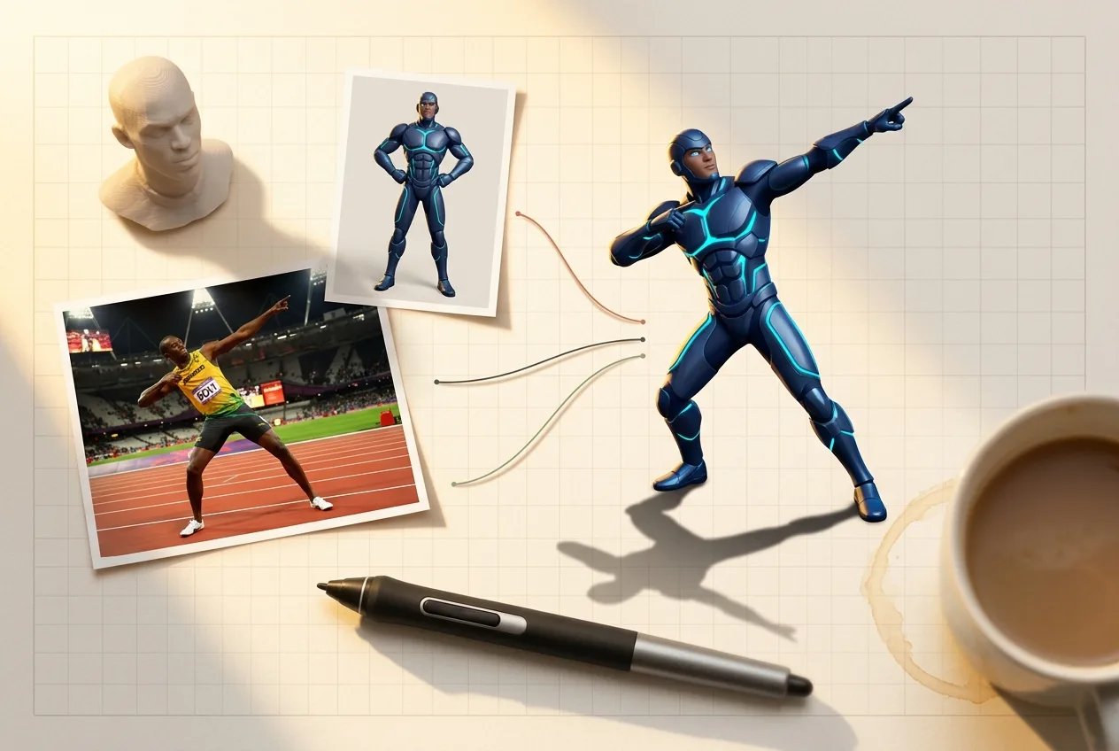 Creative designer workspace with superhero character in blue armor suit, athlete photo reference, character sketches, pen, and coffee on light background