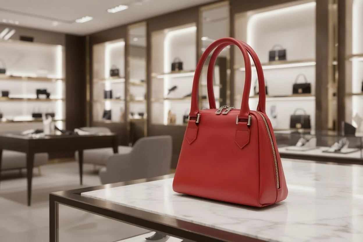 Red leather handbag displayed on marble table in high-end luxury boutique with illuminated shelving and designer bags