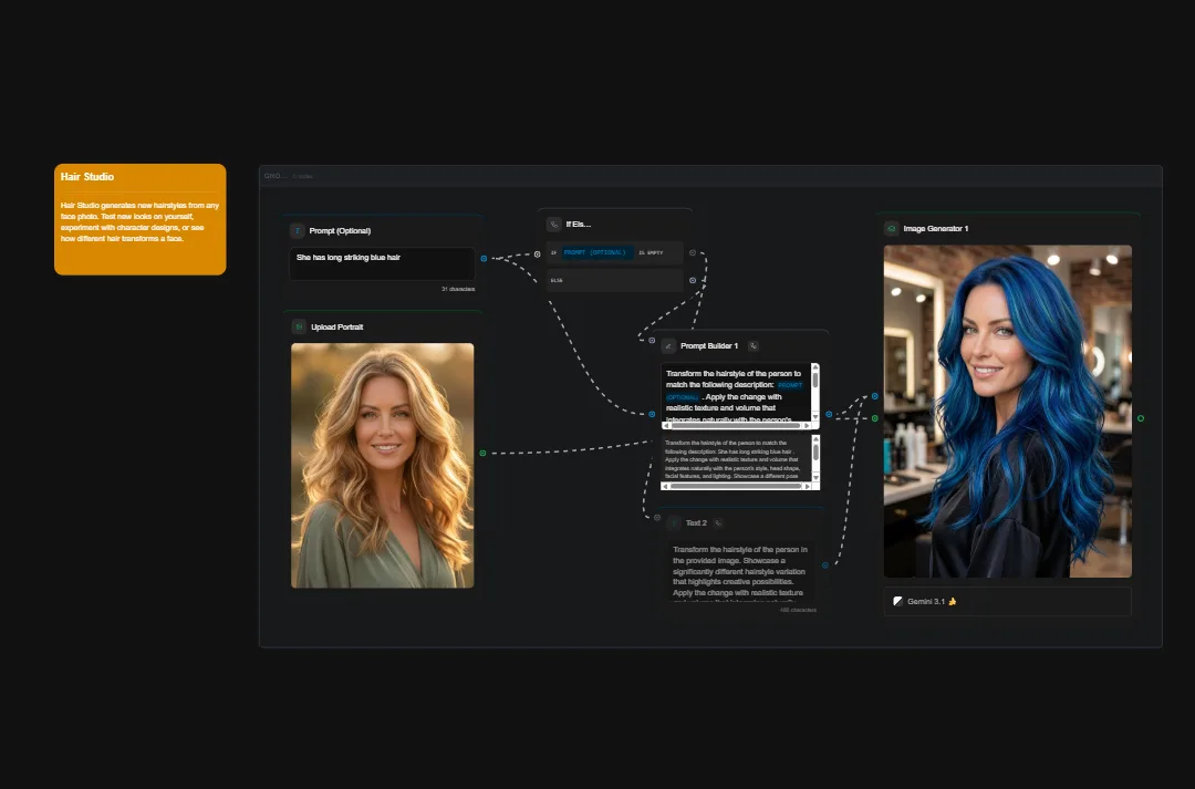 Hair Studio AI interface showing blonde to blue hair color transformation with prompt builder and image generator tools for professional salon styling