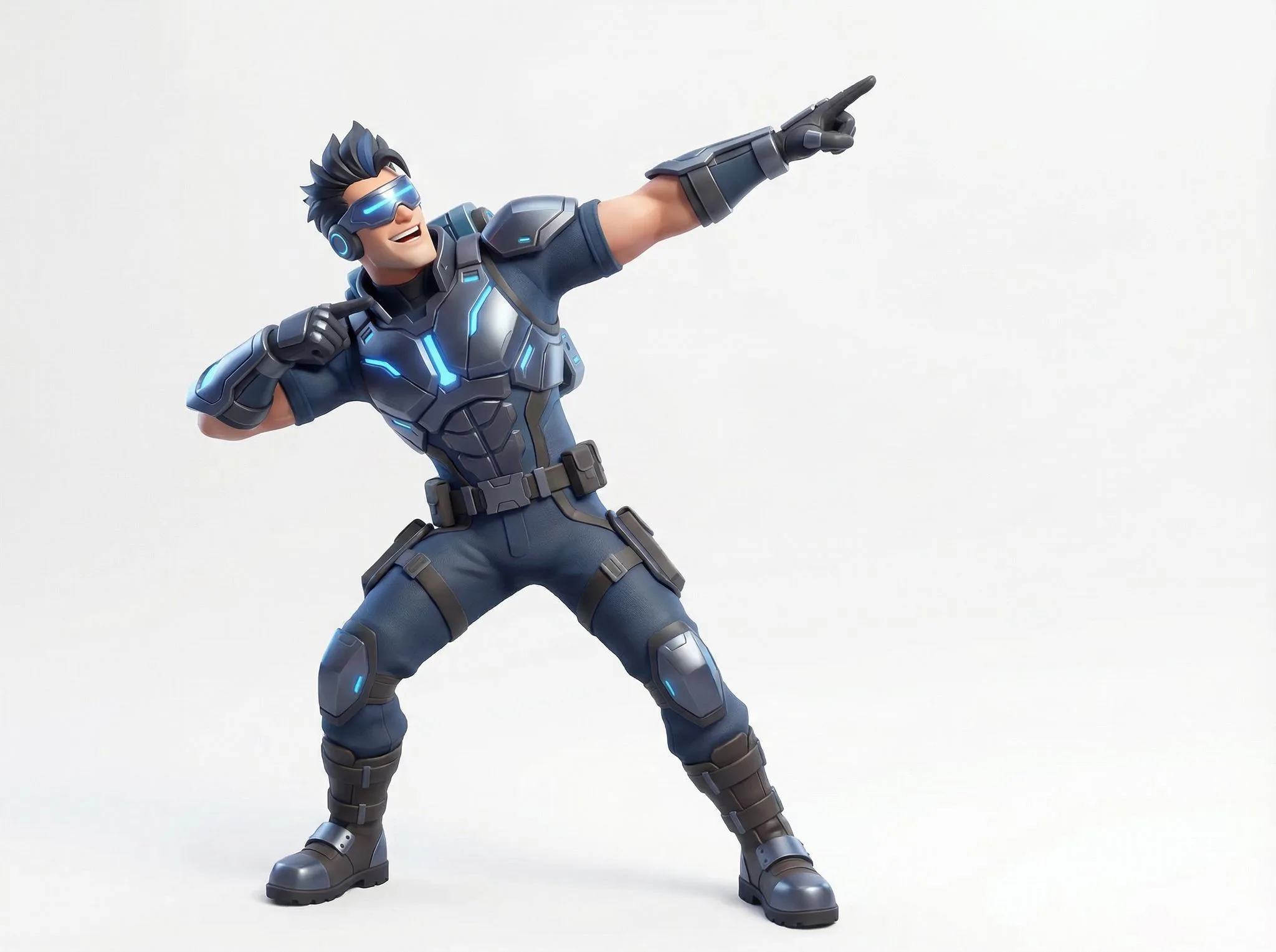 3D animated superhero in sleek blue and black armor suit with spiky hair, blue visor mask, pointing gesture against white background