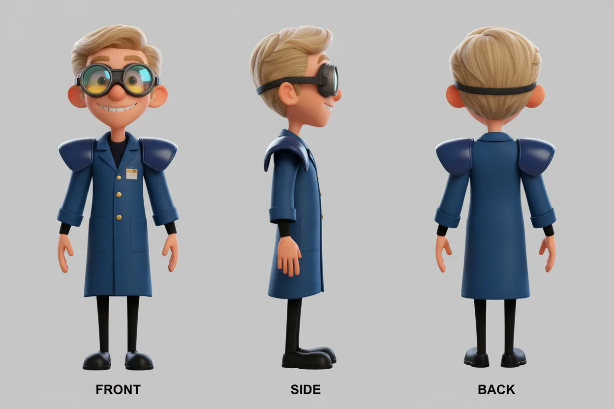 3D cartoon scientist character with blonde hair, goggles, and blue lab coat shown in front, side, and back views